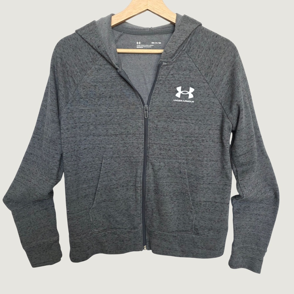 Under Armour Full Zip Hoodie Women Small Gray Excellent Heathered Logo Active